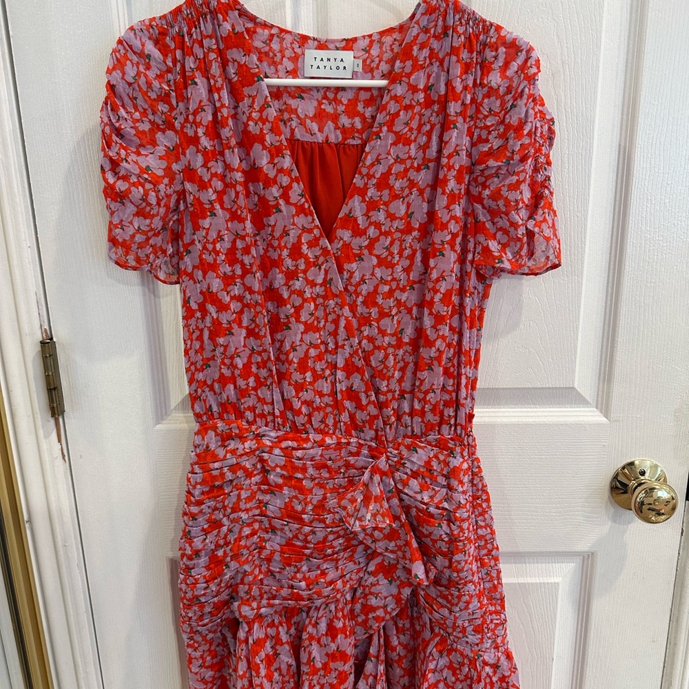 Tanya Taylor Vibrant Silk Red and Pink Midi Dress